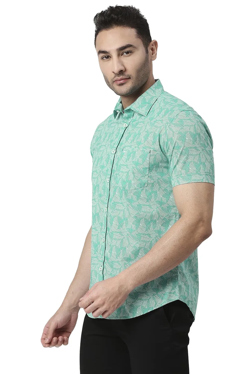 Slim Fit Cotton Poplin Printed Halfsleeves Shirt