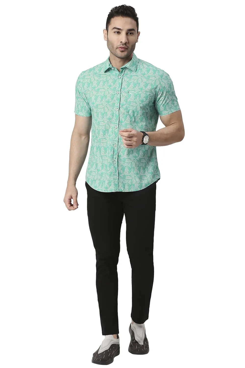 Slim Fit Cotton Poplin Printed Halfsleeves Shirt
