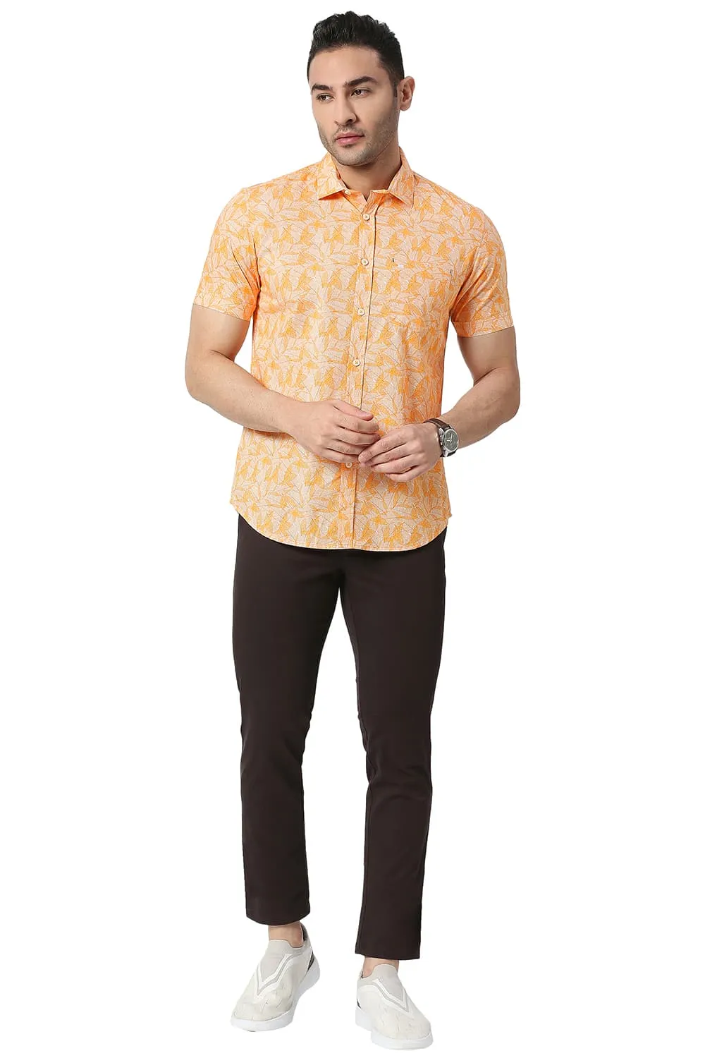 Slim Fit Cotton Poplin Printed Halfsleeves Shirt