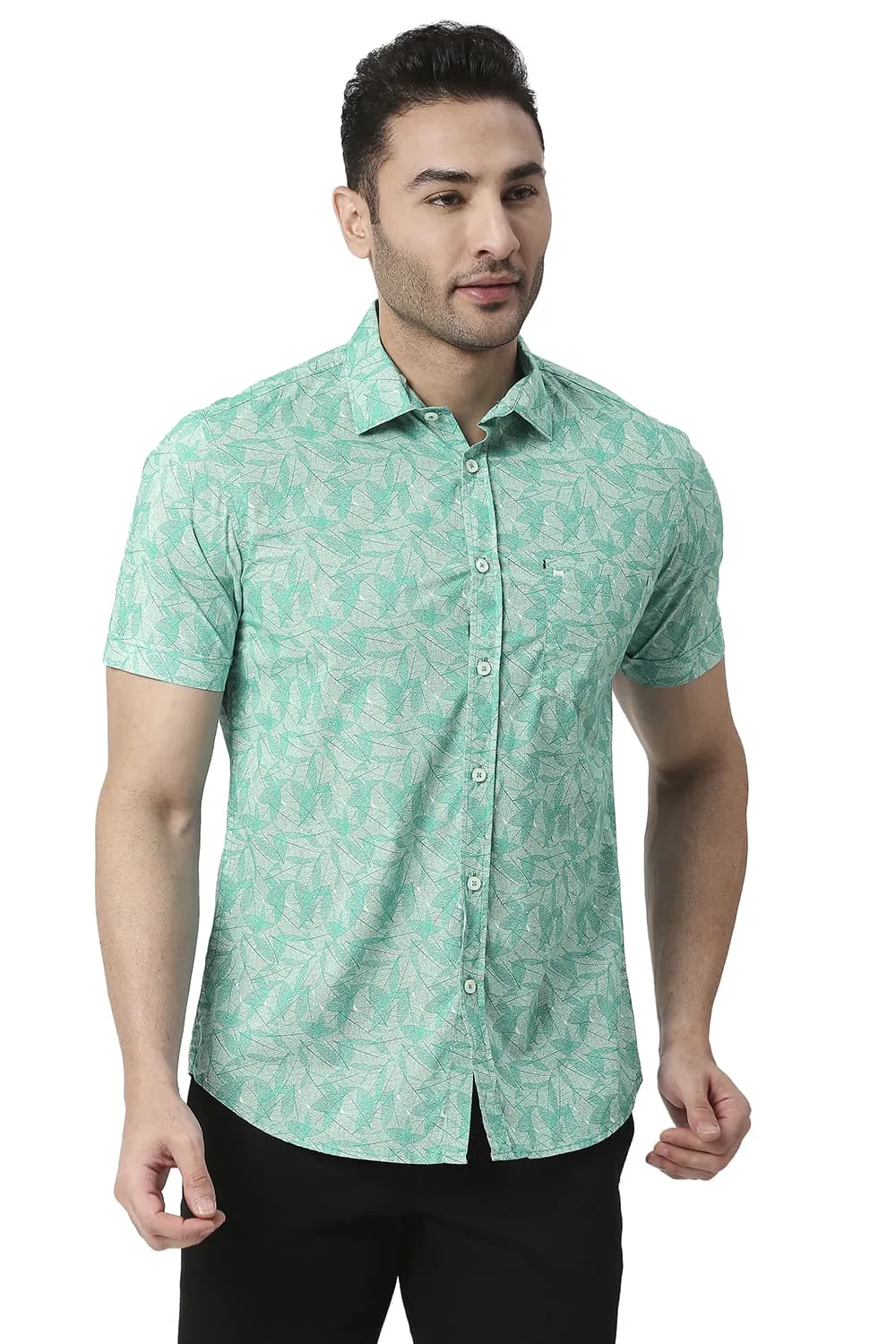 Slim Fit Cotton Poplin Printed Halfsleeves Shirt