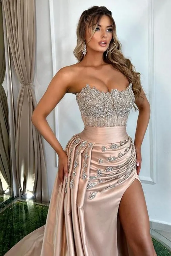 Sweetheart Sleeveless Pleated Satin Beaded High Split Prom Dresses
