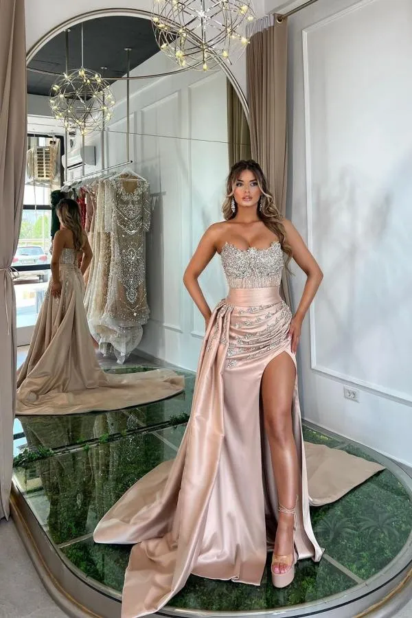 Sweetheart Sleeveless Pleated Satin Beaded High Split Prom Dresses