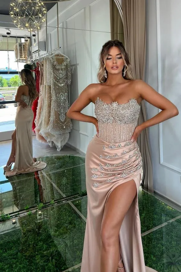 Sweetheart Sleeveless Pleated Satin Beaded High Split Prom Dresses