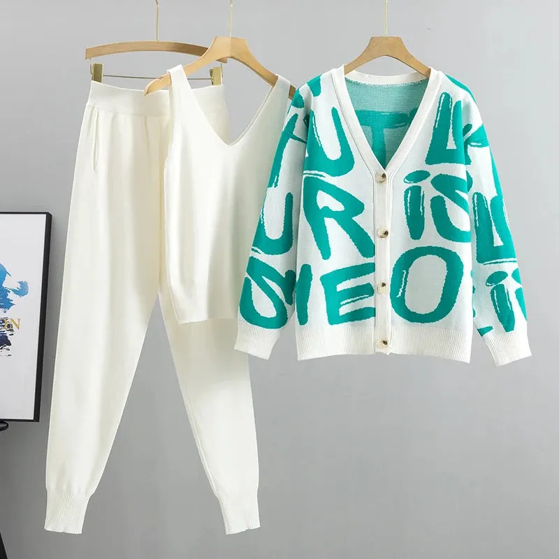 Three-Piece Knit Co-Ord Set with Graphic Cardigan in Multiple Colours