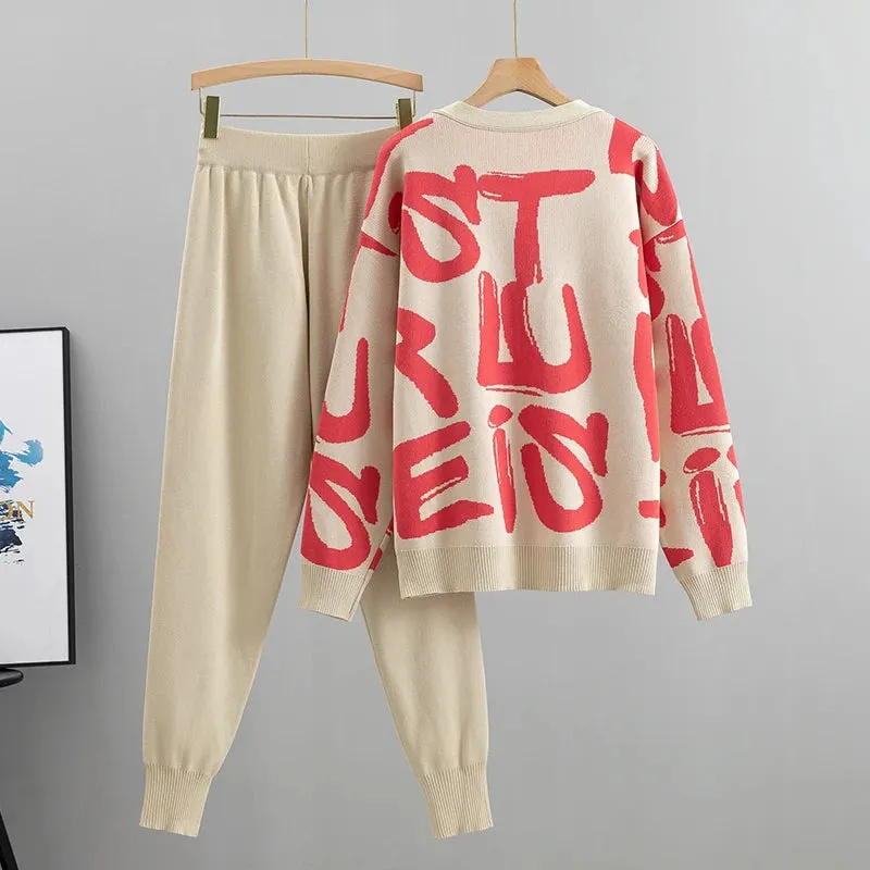 Three-Piece Knit Co-Ord Set with Graphic Cardigan in Multiple Colours