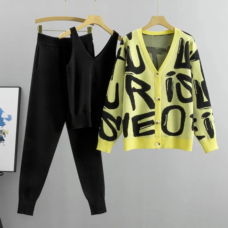 Three-Piece Knit Co-Ord Set with Graphic Cardigan in Multiple Colours