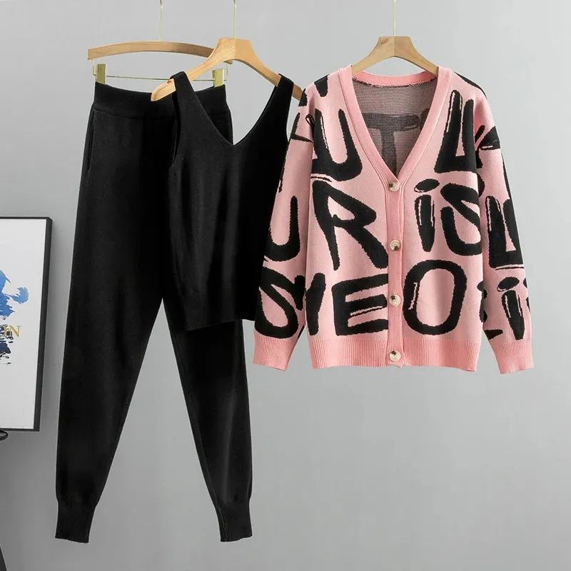 Three-Piece Knit Co-Ord Set with Graphic Cardigan in Multiple Colours