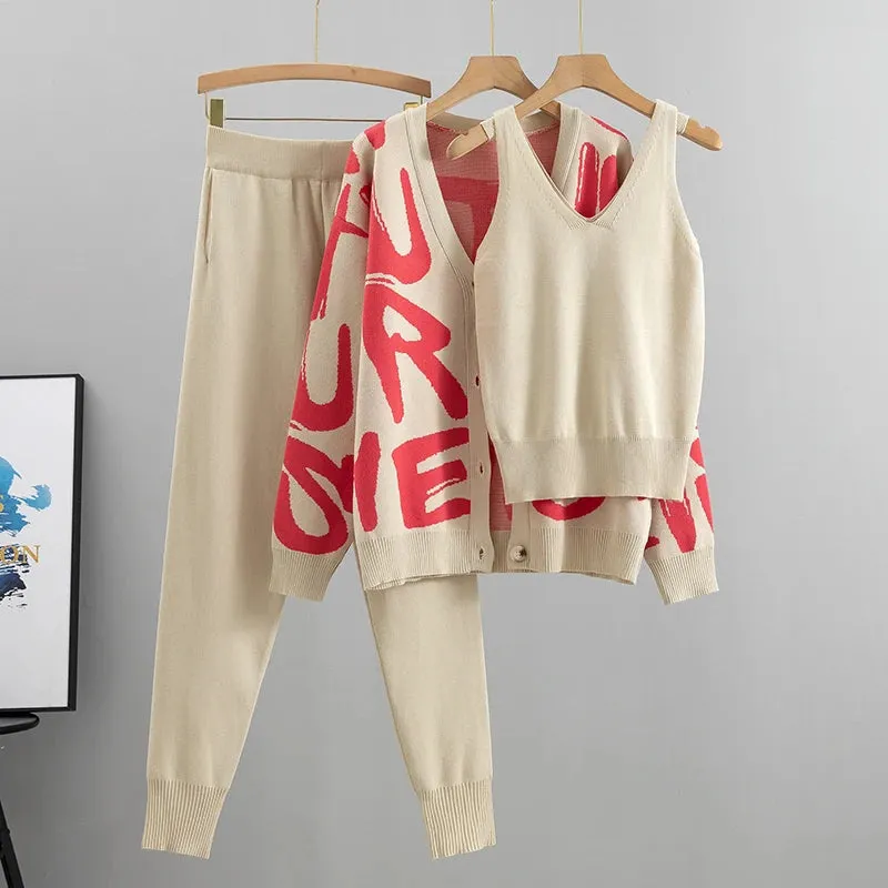 Three-Piece Knit Co-Ord Set with Graphic Cardigan in Multiple Colours