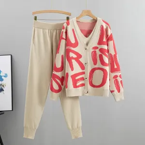 Three-Piece Knit Co-Ord Set with Graphic Cardigan in Multiple Colours