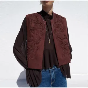 Zafira Embroidered Waistcoat  Sleeveless Boho Layering Piece in Claret or Brown for Casual or Holiday Outfits