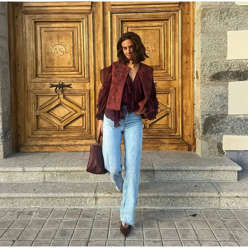 Zafira Embroidered Waistcoat  Sleeveless Boho Layering Piece in Claret or Brown for Casual or Holiday Outfits