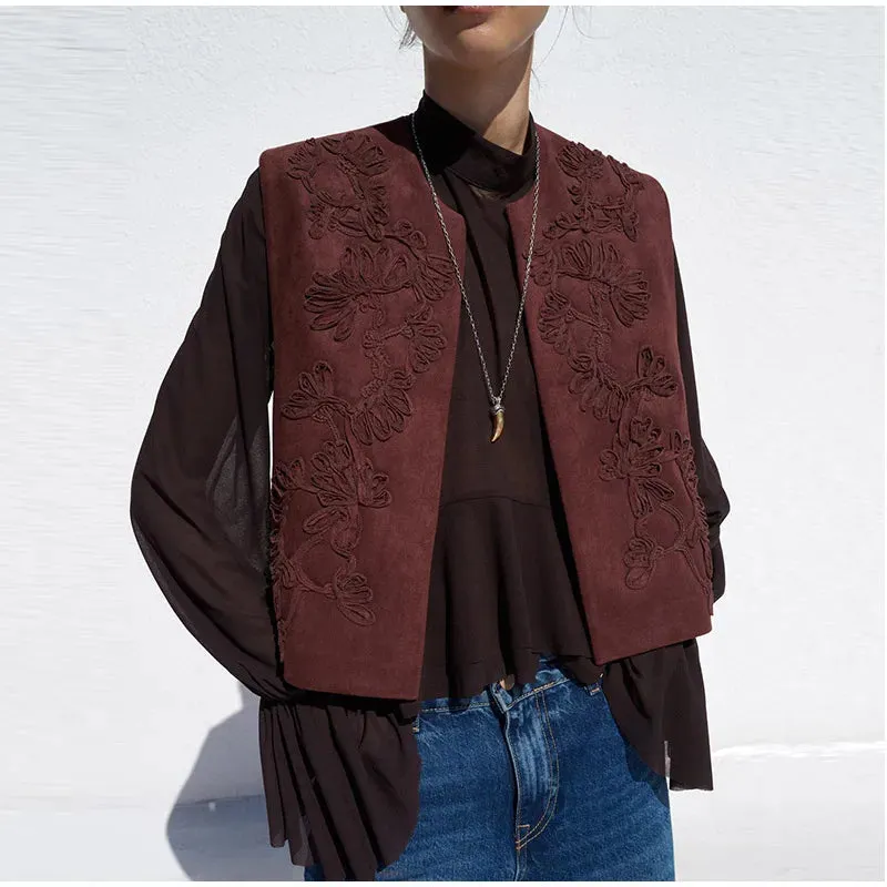 Zafira Embroidered Waistcoat  Sleeveless Boho Layering Piece in Claret or Brown for Casual or Holiday Outfits