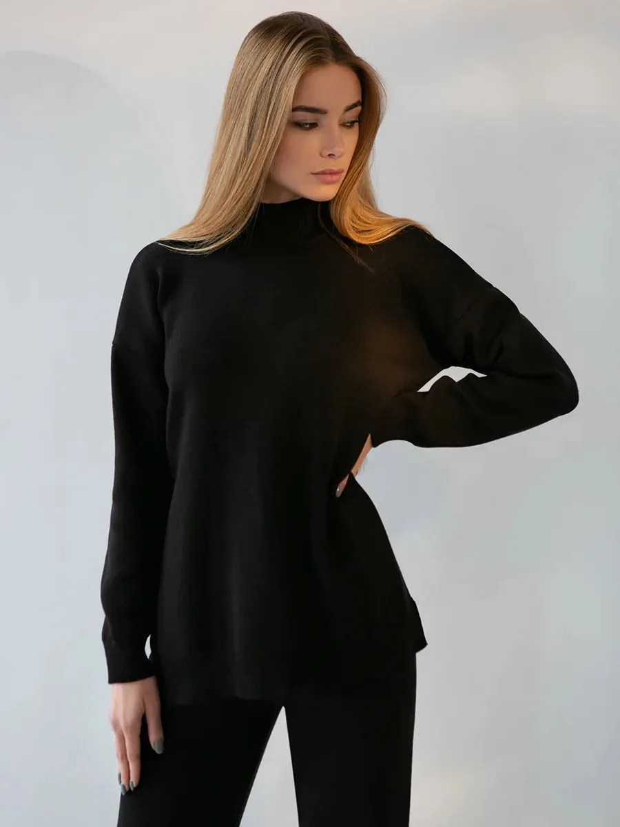 Zaneya Knit Co-Ord Lounge Set  Ribbed Turtle Neck Jumper and Wide Leg Trousers in Pink, White, Beige, Black or Green