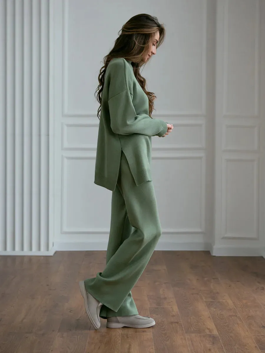 Zaneya Knit Co-Ord Lounge Set  Ribbed Turtle Neck Jumper and Wide Leg Trousers in Pink, White, Beige, Black or Green