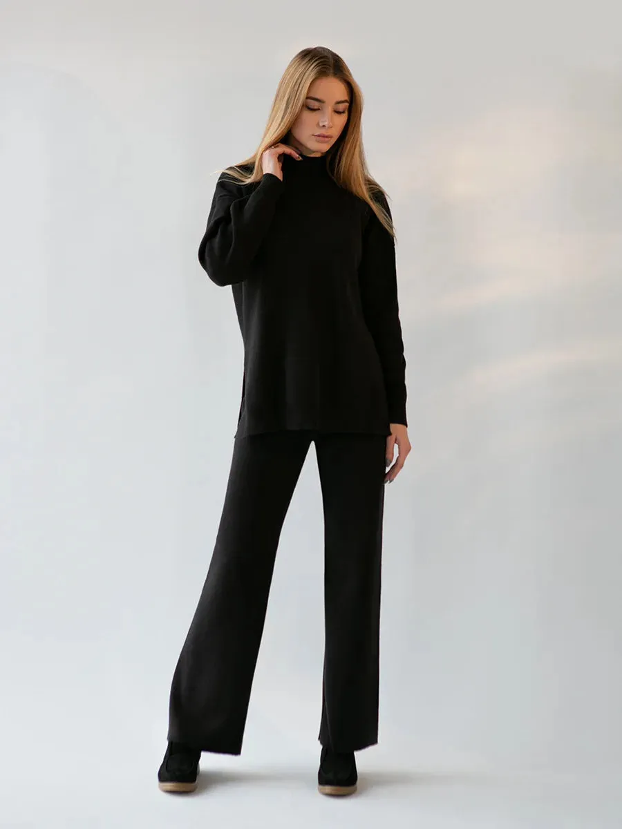 Zaneya Knit Co-Ord Lounge Set  Ribbed Turtle Neck Jumper and Wide Leg Trousers in Pink, White, Beige, Black or Green