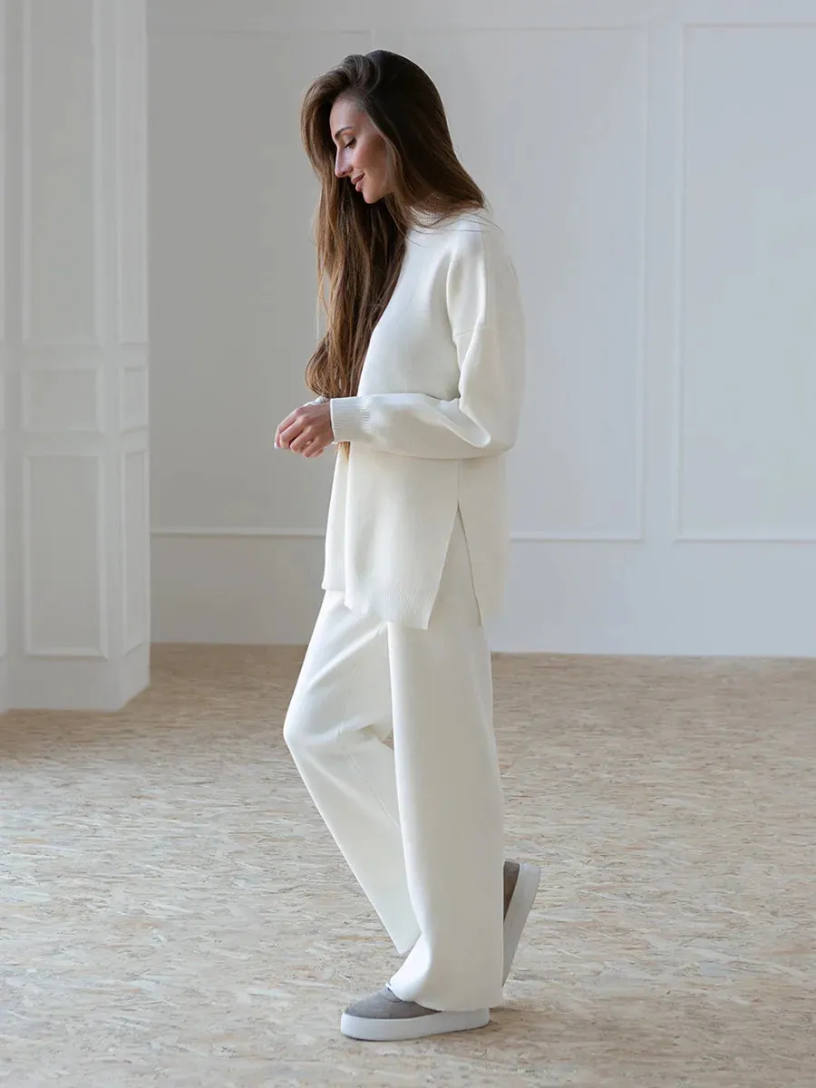 Zaneya Knit Co-Ord Lounge Set  Ribbed Turtle Neck Jumper and Wide Leg Trousers in Pink, White, Beige, Black or Green
