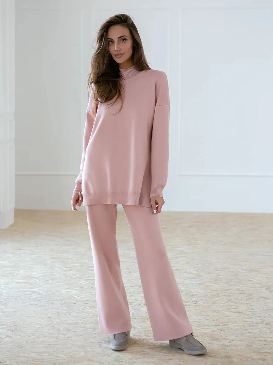Zaneya Knit Co-Ord Lounge Set  Ribbed Turtle Neck Jumper and Wide Leg Trousers in Pink, White, Beige, Black or Green
