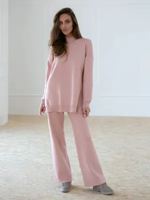 Zaneya Knit Co-Ord Lounge Set  Ribbed Turtle Neck Jumper and Wide Leg Trousers in Pink, White, Beige, Black or Green