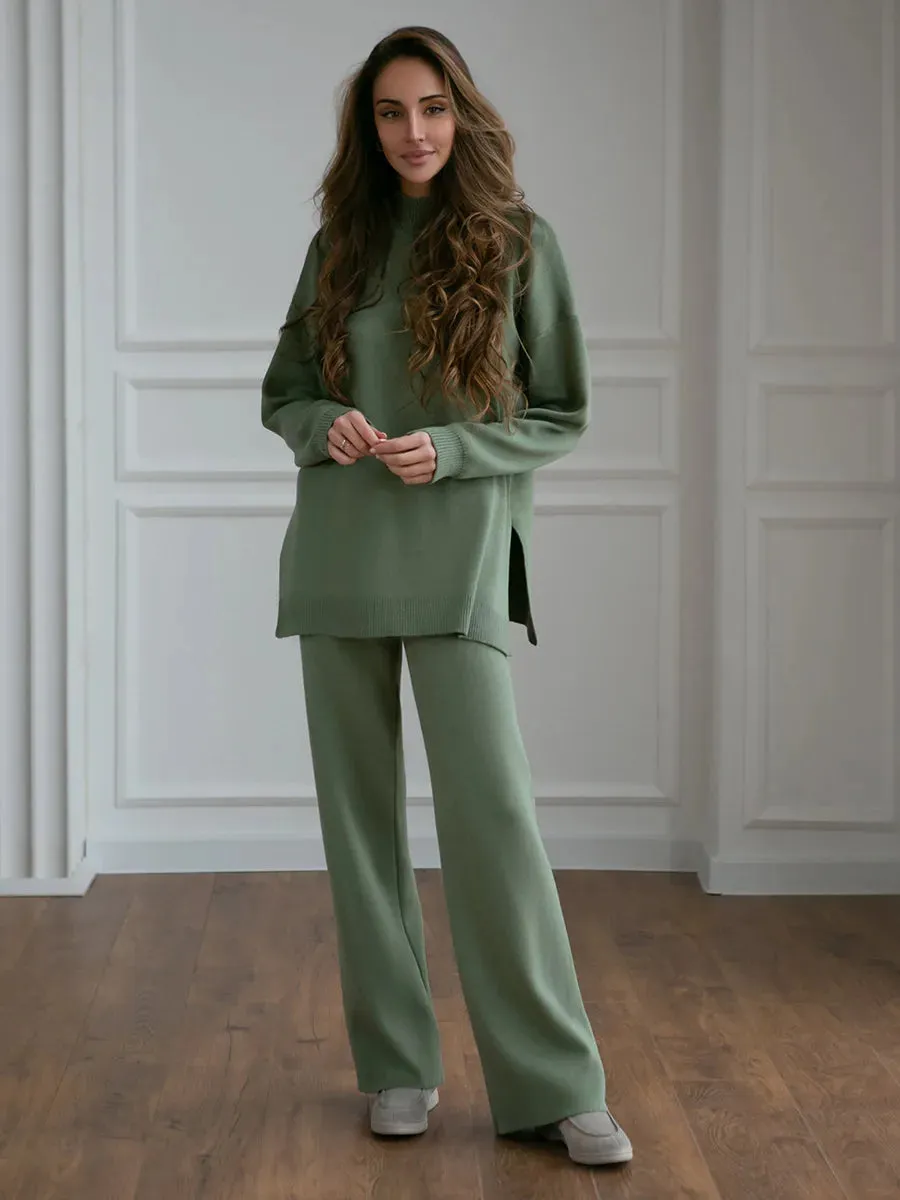 Zaneya Knit Co-Ord Lounge Set  Ribbed Turtle Neck Jumper and Wide Leg Trousers in Pink, White, Beige, Black or Green