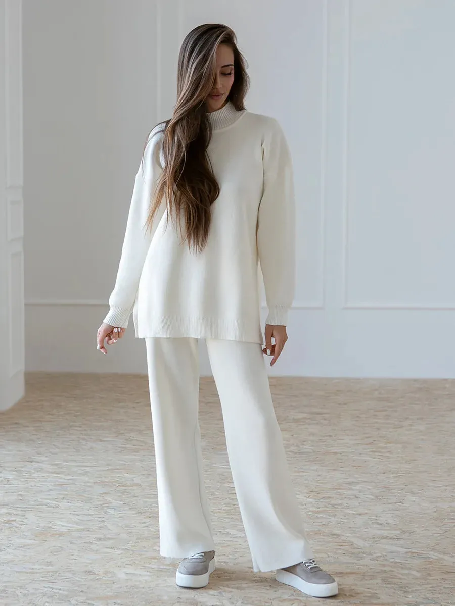 Zaneya Knit Co-Ord Lounge Set  Ribbed Turtle Neck Jumper and Wide Leg Trousers in Pink, White, Beige, Black or Green