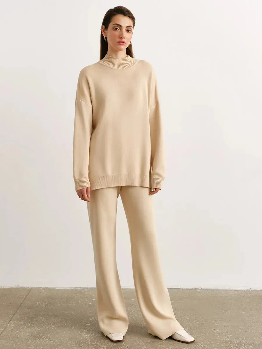Zaneya Knit Co-Ord Lounge Set  Ribbed Turtle Neck Jumper and Wide Leg Trousers in Pink, White, Beige, Black or Green