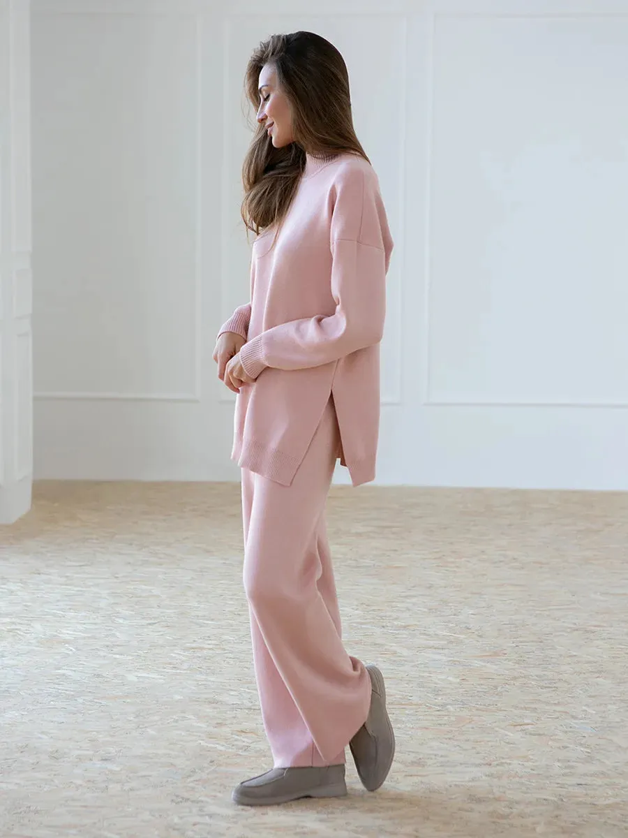 Zaneya Knit Co-Ord Lounge Set  Ribbed Turtle Neck Jumper and Wide Leg Trousers in Pink, White, Beige, Black or Green