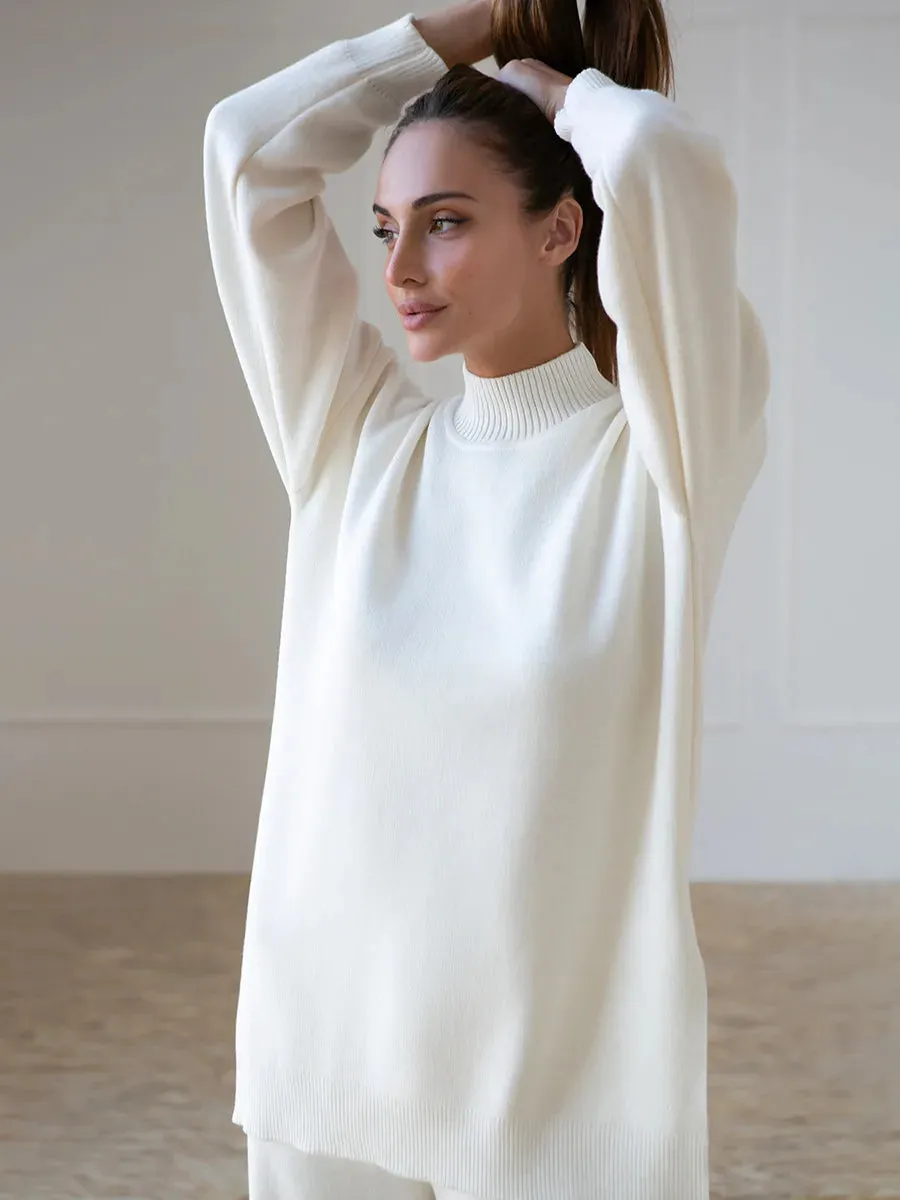 Zaneya Knit Co-Ord Lounge Set  Ribbed Turtle Neck Jumper and Wide Leg Trousers in Pink, White, Beige, Black or Green