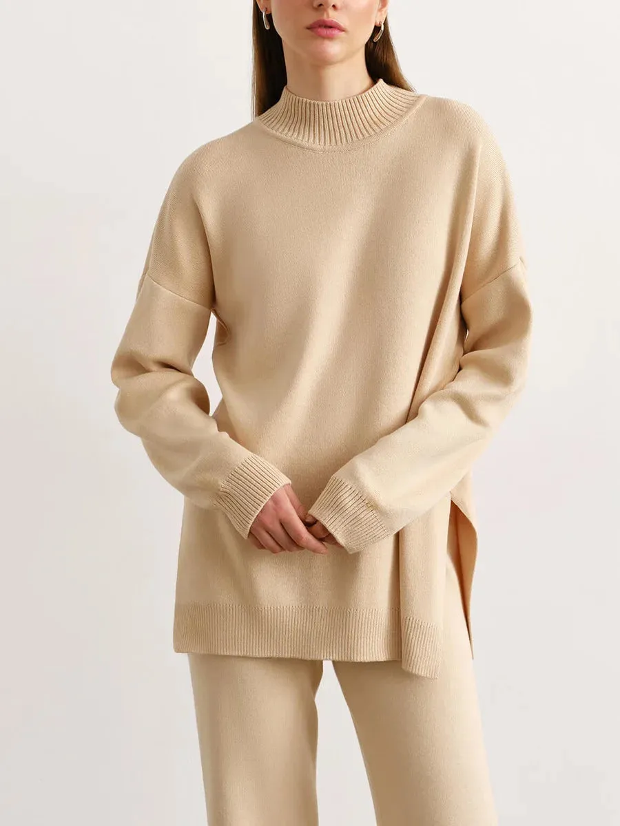 Zaneya Knit Co-Ord Lounge Set  Ribbed Turtle Neck Jumper and Wide Leg Trousers in Pink, White, Beige, Black or Green