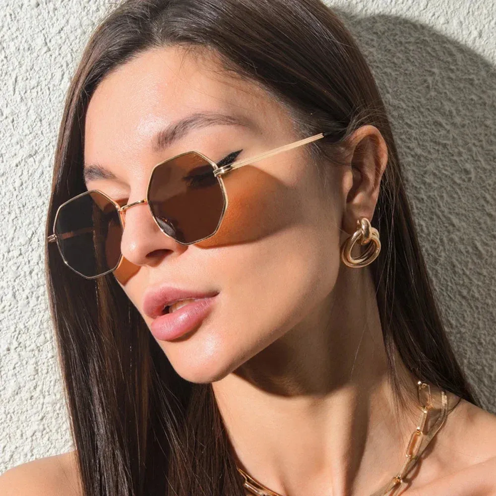 Zaria Geometric Gold Frame Sunglasses  Octagon Retro UV Shades for Women